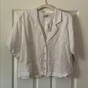 Madewell White Linen Short Sleeve Boxy Crop Shirt